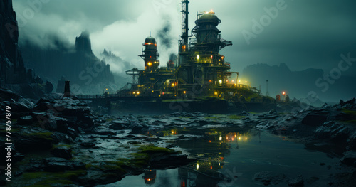 Large oil refinery sits on the coast of rocky bay in the middle of misty foggy rocky alien planet.