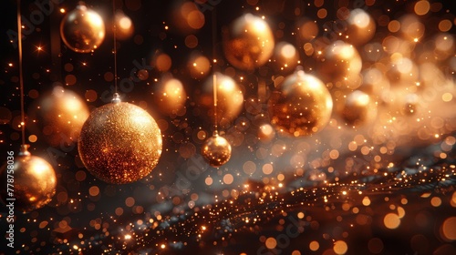  Gold Christmas balls on black background with string lighting in foreground