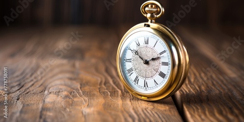 Resting elegantly on a wooden table, a gold pocket watch with Roman numerals adorning its face exudes timeless sophistication.