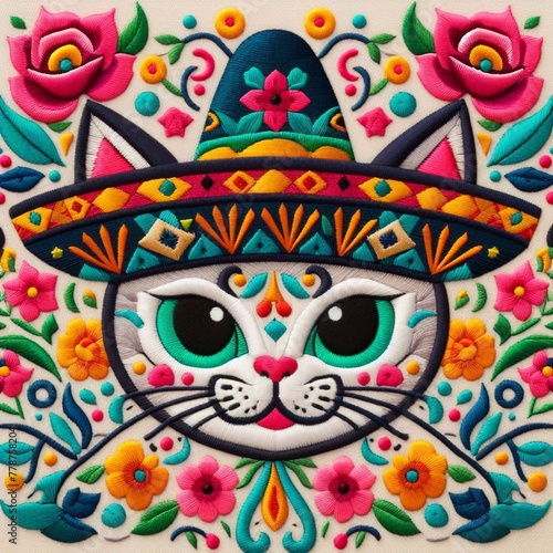 Mexican embroidery featuring a Mexican cat © poorbike