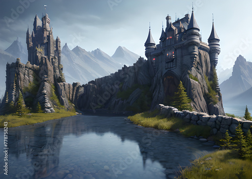 Medieval fantasy castle on the mountain, Generative AI © LIUBOMYR