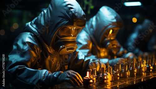 Two men in gas masks play chess in the dark