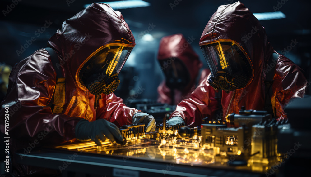 Two people in hazmat suits work on computer. Two people in hazmat suits work on computer.