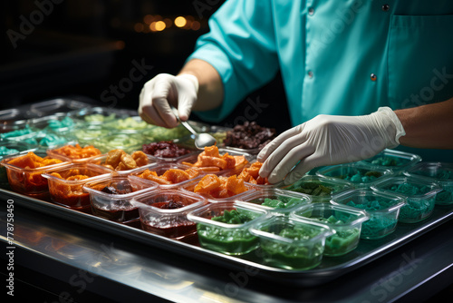 Chef is preparing variety of colorful salads in plastic containers.