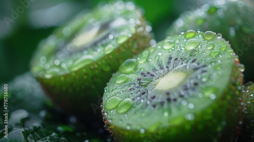   A kiwi fruit with water droplets on its surface and a green leaf in the background