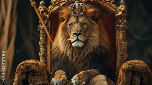 a lion in a chair with a crown. The lion king