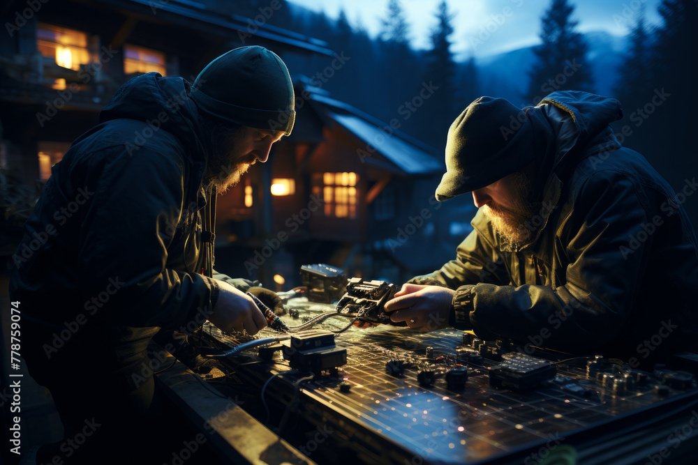 Two soldiers are playing board game in the mountains at night Two soldiers are playing board game in the mountains at night