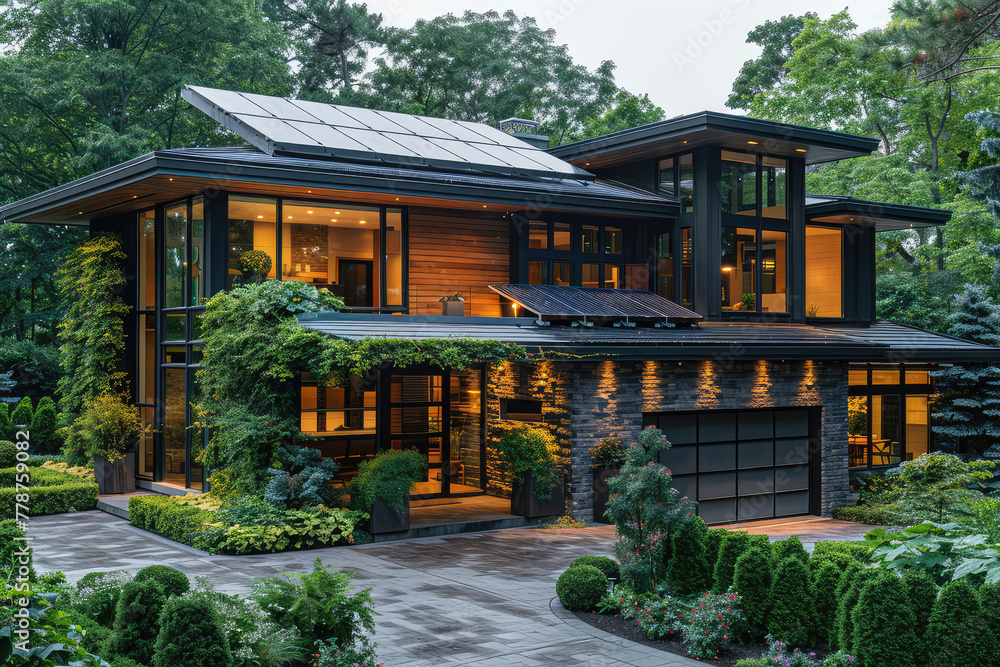 Photo of a modern home in Vancouver, with wood and stone accents, solar panels on the roof, large windows, lush landscaping, front view. Created with Ai