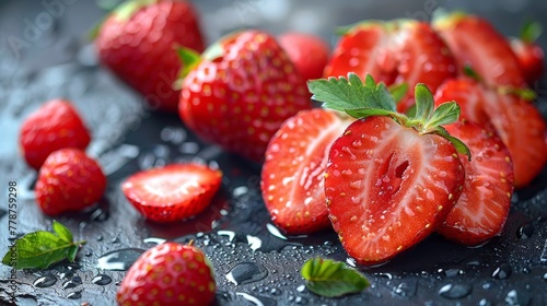  A close-up photo of numerous strawberries on a table with water droplets on the surface and above