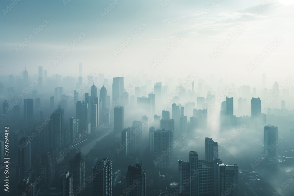 Silhouettes of tall buildings of a large city in a gray haze of gassiness from industrial emissions into the atmosphere. Concept of air protection and ecology.