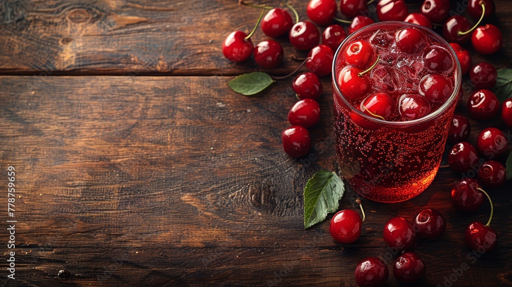 A glass of cherries sits on a wooden table, surrounded by a bounty of cherries A glass of cherries sits on a wooden table, surrounded by a bounty of cherries