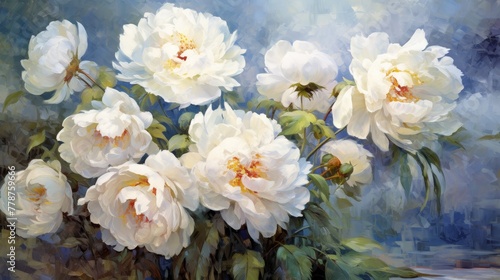 Wall art illustration featuring a garden scene of white painted peonies