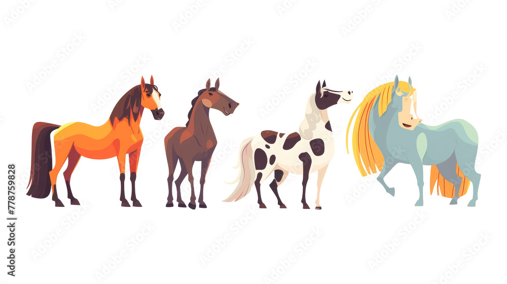 Fototapeta premium Various Cartoon Horses Colorful Illustration Set isolated
