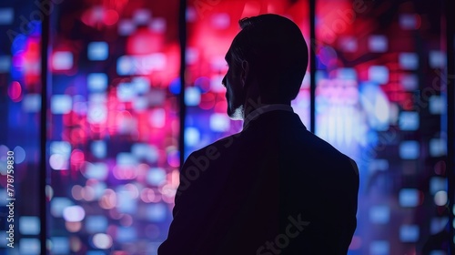 A man in a suit is looking out a window at a cityscape. The image has a moody, contemplative feel to it, as the man is lost in thought. The cityscape is illuminated by a mix of red