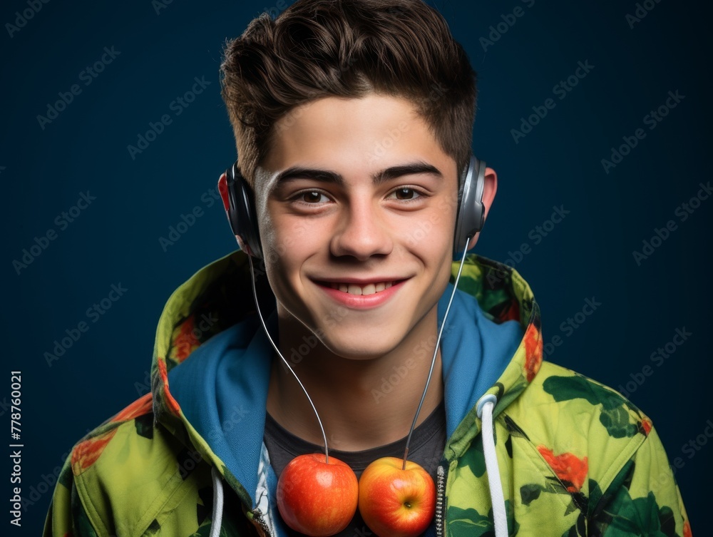 Young Man Wearing Headphones Holding Two Apples Young Man Wearing Headphones Holding Two Apples