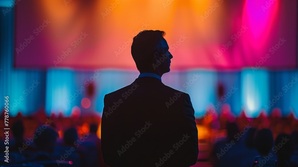 A man stands in a dark room with a large screen in front of him. The room is filled with people, and the man is waiting for something. Scene is suspenseful and anticipatory