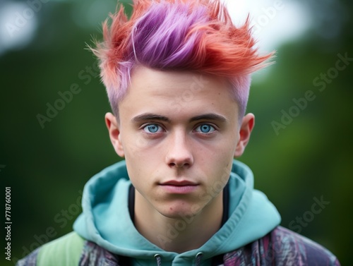 Young Man With Pink Hair and Blue Eyes