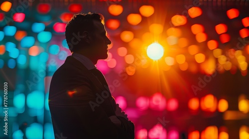 A man in a suit stands in front of a colorful light show. The lights are bright and colorful, creating a vibrant and energetic atmosphere. The man is enjoying the show, as he stands still