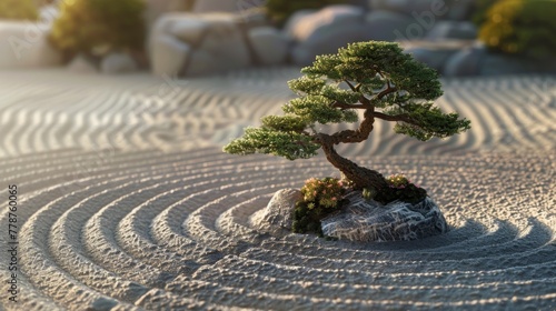 Zen Garden with Bonsai Tree at Sunset 