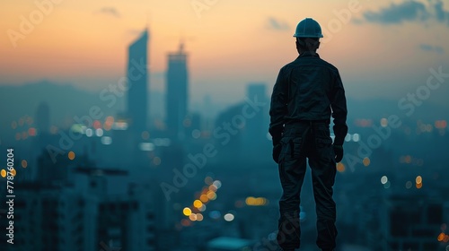 A man in a hard hat stands on a rooftop overlooking a city at dusk. The city is lit up with lights, creating a moody atmosphere. The man's gaze is focused on the city below