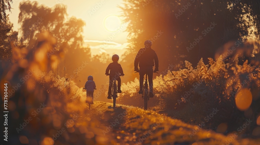 A family of three riding bikes in a forest. The sun is setting and the sky is orange A family of three riding bikes in a forest. The sun is setting and the sky is orange