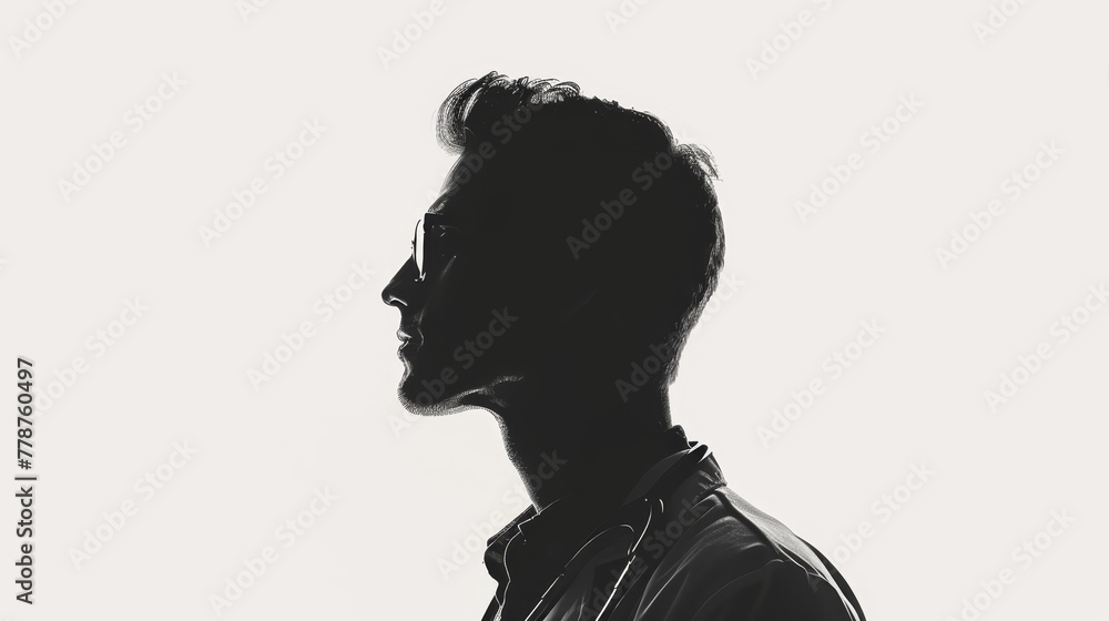 A man's head is shown in silhouette, with his face and hair obscured. The image has a moody, mysterious feel to it, as if the viewer is looking at a person who is not present. The use of black