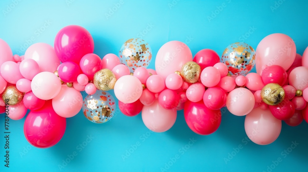 A cluster of balloons and gold-pink confetti floating against a blue backdrop A cluster of balloons and gold-pink confetti floating against a blue backdrop