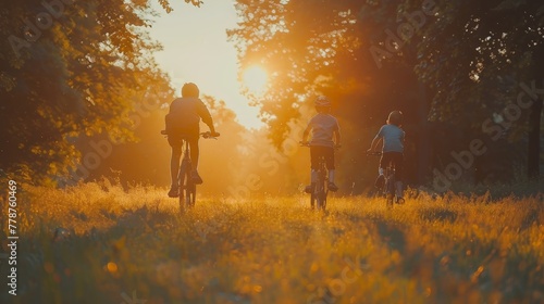 Three people are riding bikes in a field with the sun shining on them. Scene is peaceful and relaxing