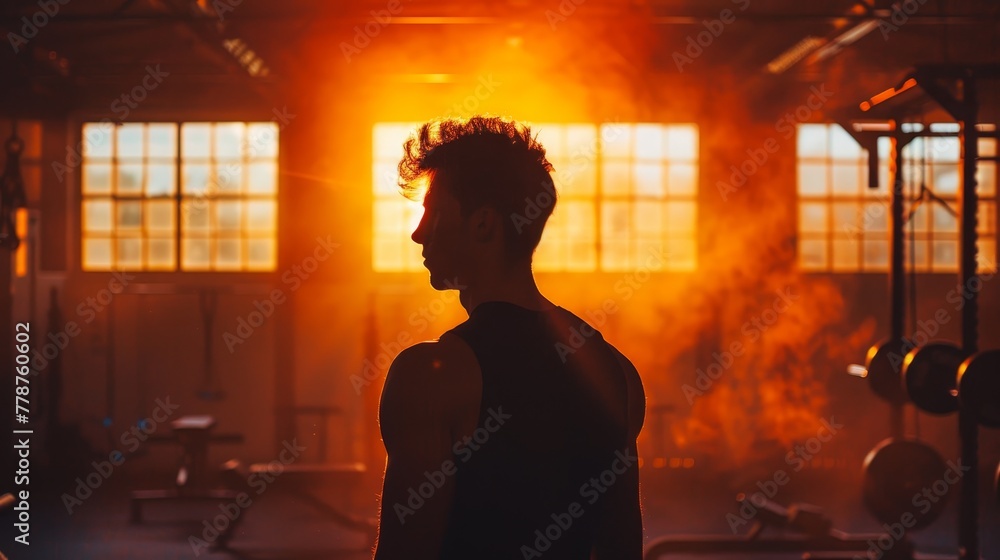 A man is standing in a gym with a smoky atmosphere. The man is wearing a black tank top and he is focused on his workout. The gym is filled with various equipment, including a bench, a ball A man is standing in a gym with a smoky atmosphere. The man is wearing a black tank top and he is focused on his workout. The gym is filled with various equipment, including a bench, a ball