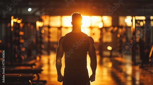 A man is standing in a gym with a sun shining on him. The gym is empty and the man is the only person in the room