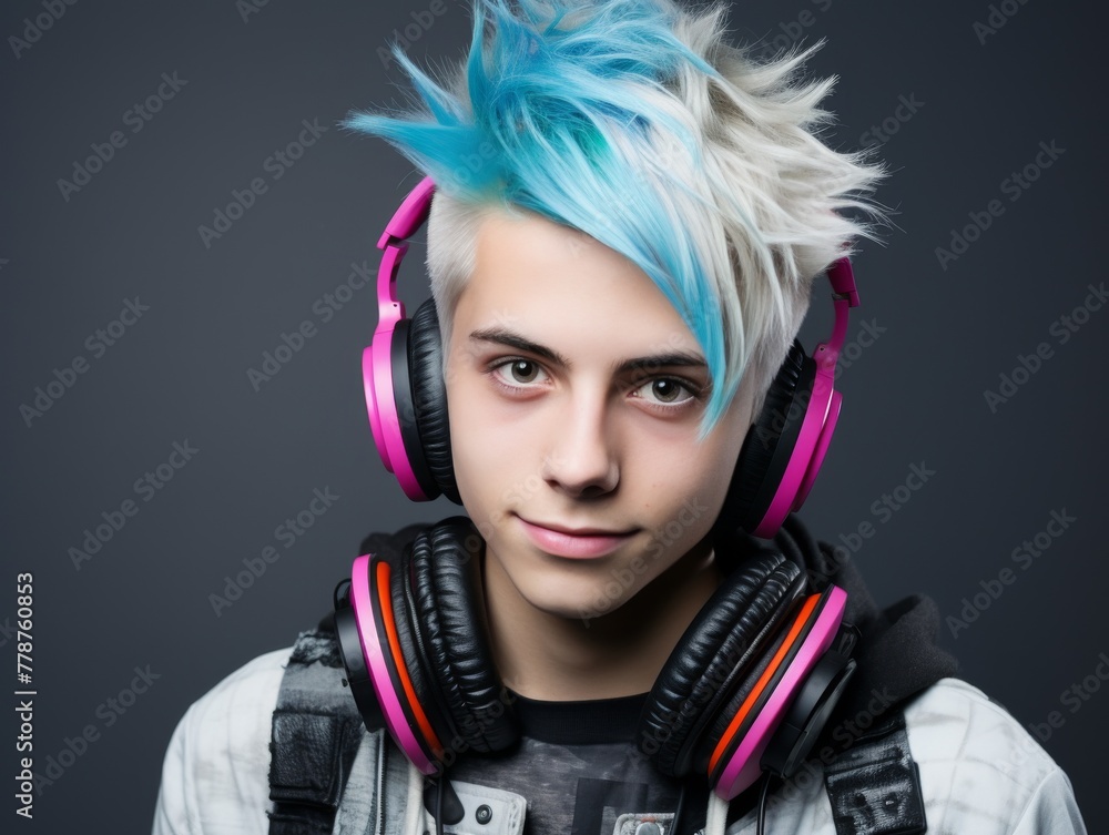 Man With Blue Hair Wearing Headphones Man With Blue Hair Wearing Headphones