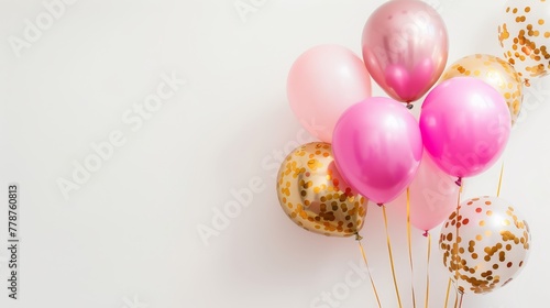   A stick with pink, gold, and white balloons adorned with confetti sprinkles