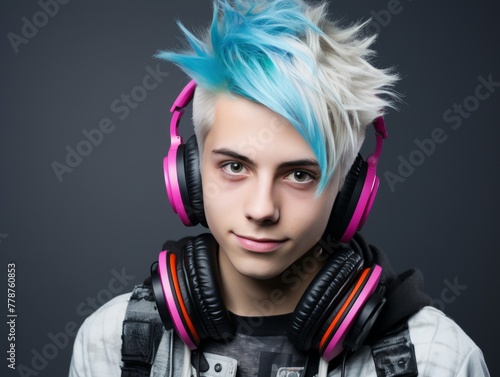 Man With Blue Hair Wearing Headphones