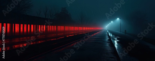 Through the veil of fog, street lamps cast a hazy glow along the road, as the red trail of a car's tail lights cuts through the mist, painting a scene of eerie beauty.