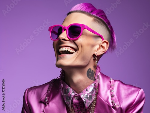 Stylish Woman With Pink Hair, Suit, and Sunglasses
