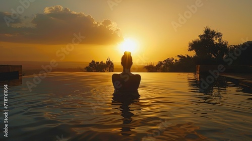 A woman is sitting in a pool of water at sunset. The water is calm and the sky is orange. The woman is enjoying the peaceful moment