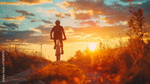 A man is riding a bike in a field with a beautiful sunset in the background. The sky is filled with clouds, creating a serene and peaceful atmosphere. The man is enjoying the ride