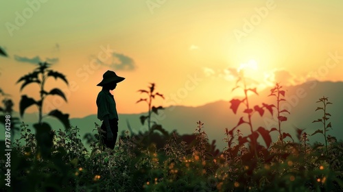 A man in a hat stands in a field of flowers. The sun is setting in the background, casting a warm glow over the scene. The man is alone, and the flowers are scattered throughout the field