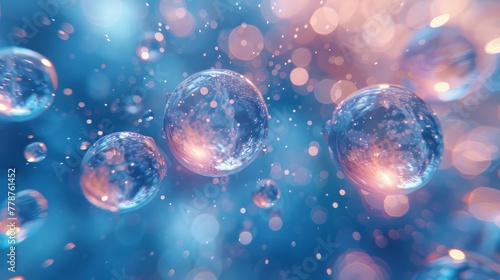  A group of bubbles floats on top of a blue liquid filled with numerous tiny water droplets against a blue-pink backdrop