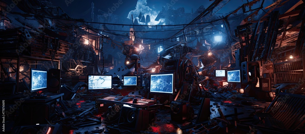 A room full of computer monitors was shattered. The room was filled with wires and cables, and all the monitors were on. The scene is chaotic and disorganized A room full of computer monitors was shattered. The room was filled with wires and cables, and all the monitors were on. The scene is chaotic and disorganized