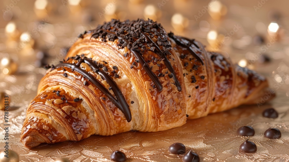   A croissant topped with melted chocolate on a shimmering gold foil plate