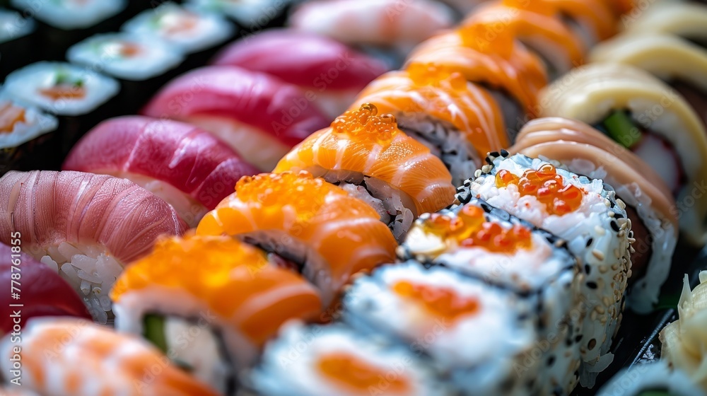 A macro shot of sushi rolls arranged on a plate A macro shot of sushi rolls arranged on a plate
