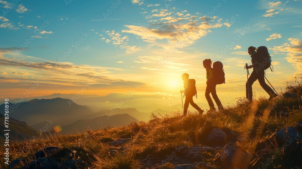 A group of people are hiking up a mountain, with the sun setting in the background. Scene is peaceful and serene, as the group enjoys the beautiful scenery and the warmth of the sun - obrazy, fototapety, plakaty 