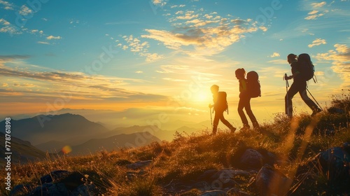 A group of people are hiking up a mountain, with the sun setting in the background. Scene is peaceful and serene, as the group enjoys the beautiful scenery and the warmth of the sun