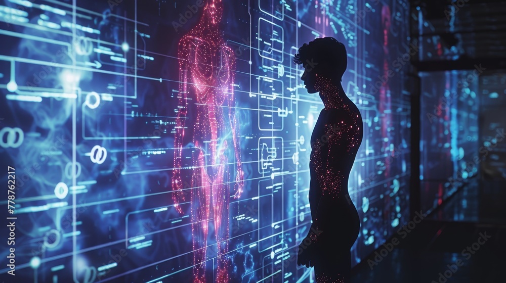 A man stands in front of a computer screen that displays a human body. The body is made up of many small dots, and the man is looking at it. Concept of curiosity and wonder A man stands in front of a computer screen that displays a human body. The body is made up of many small dots, and the man is looking at it. Concept of curiosity and wonder