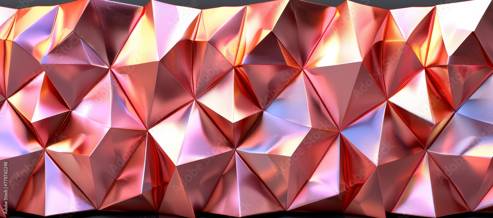 A photo of a close-up shot of a glossy surface adorned with an intricate arrangement of red and pink origami cubes A photo of a close-up shot of a glossy surface adorned with an intricate arrangement of red and pink origami cubes