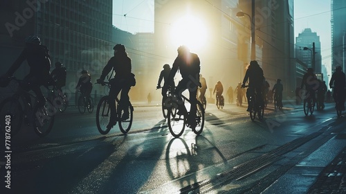 A group of people are riding bikes in a city street. The sun is shining on them, creating a warm and inviting atmosphere © Rattanathip
