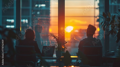 Two people sitting at a desk with a potted plant in front of them. The sun is setting in the background