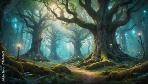 Mystical lights dance among ancient trees in an enchanted forest, where a serene path invites travelers into a world of fantasy and legend at twilight.. AI Generation