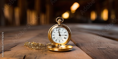 With an aura of classic charm, a gold pocket watch featuring Roman numerals rests gracefully atop a wooden table.
